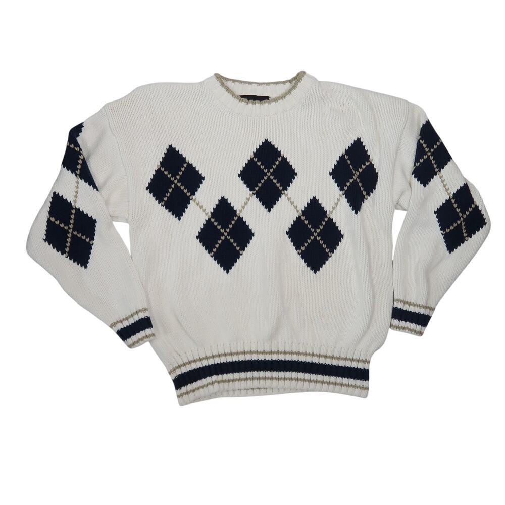 Vintage 90s Liz Claiborne Cream and Navy Blue Argyle Plaid Cotton Sweater L